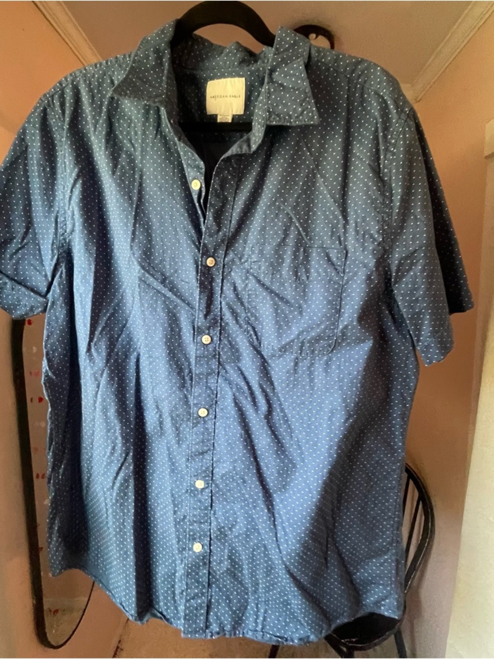 American Eagle Outfitters Navy Blue Short-Sleeve Dot Button-Down Shirt